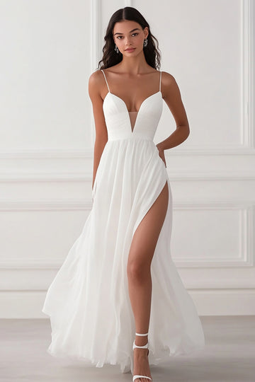 Chiffon A Line White Wedding Dress With Slit